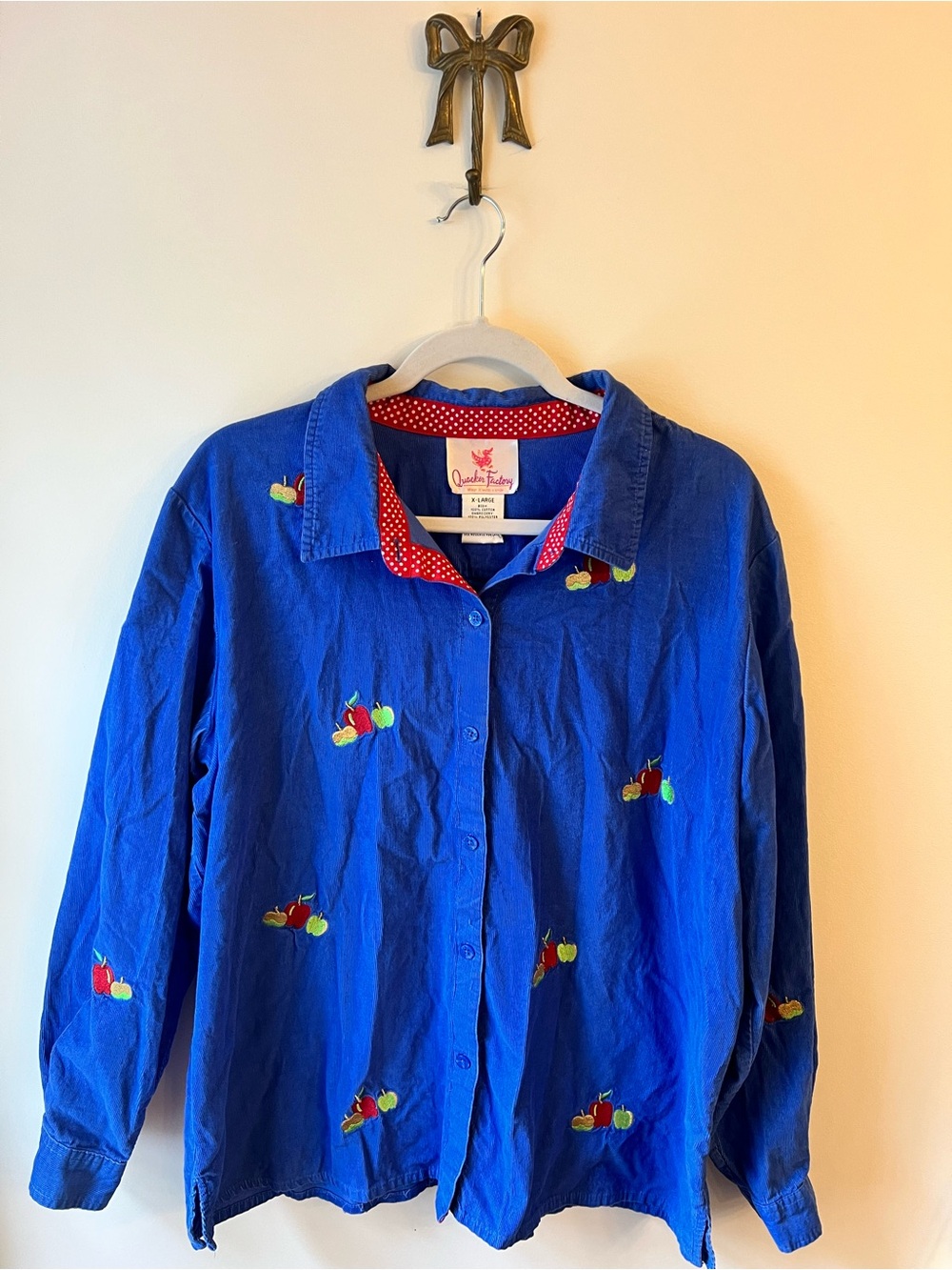 VTG Quacker Factory Blue Corduroy Apple Embroidered Beaded Button Up XL Fall